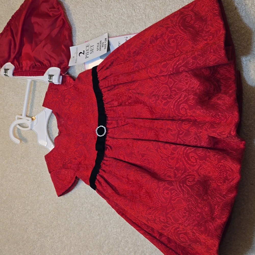 NWT Rare Editions 12M Red Jacquard Holiday Dress with Petticoat & Bloomers